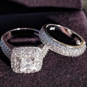 PRINCESS 925 STERLING SILVER DIAMOND HALO RING SET